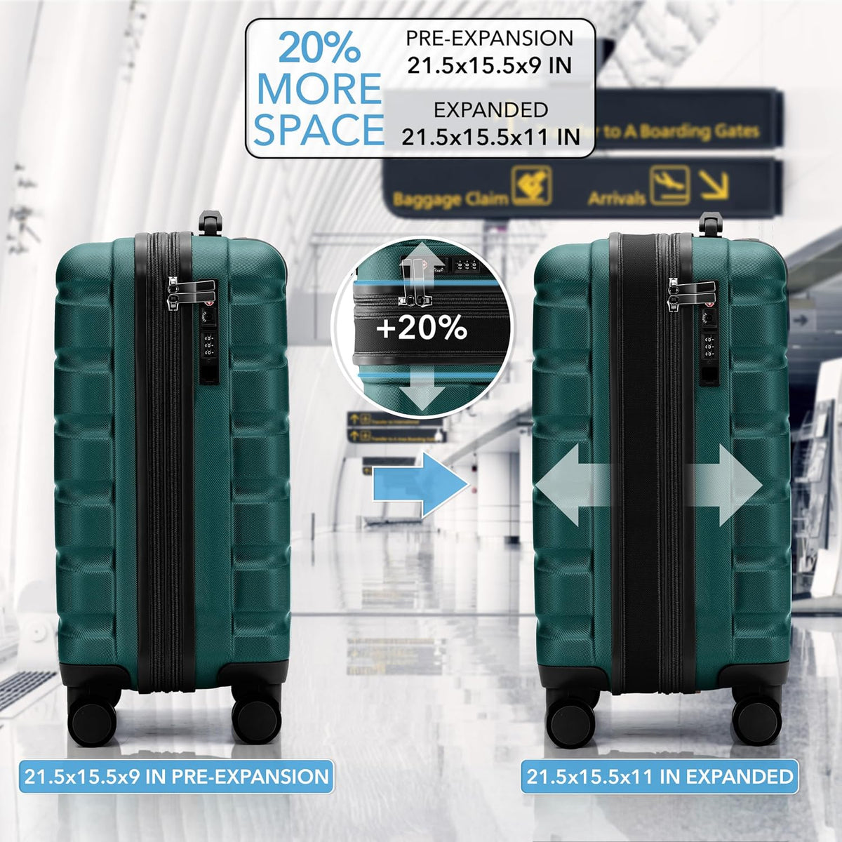 Carry On Suitcase 18x14x8" Hardside Built In TSA Lock & USB Port Lightweight Luggage Silent Double Spinner Wheels Maximum Underseat Carry-On Bag For American & United Approved Airlines