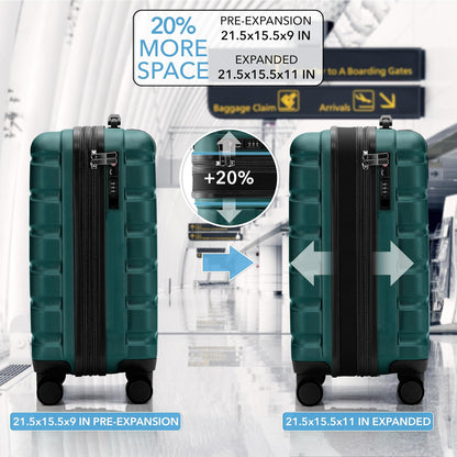 Carry On Suitcase 18x14x8" Hardside Built In TSA Lock & USB Port Lightweight Luggage Silent Double Spinner Wheels Maximum Underseat Carry-On Bag For American & United Approved Airlines