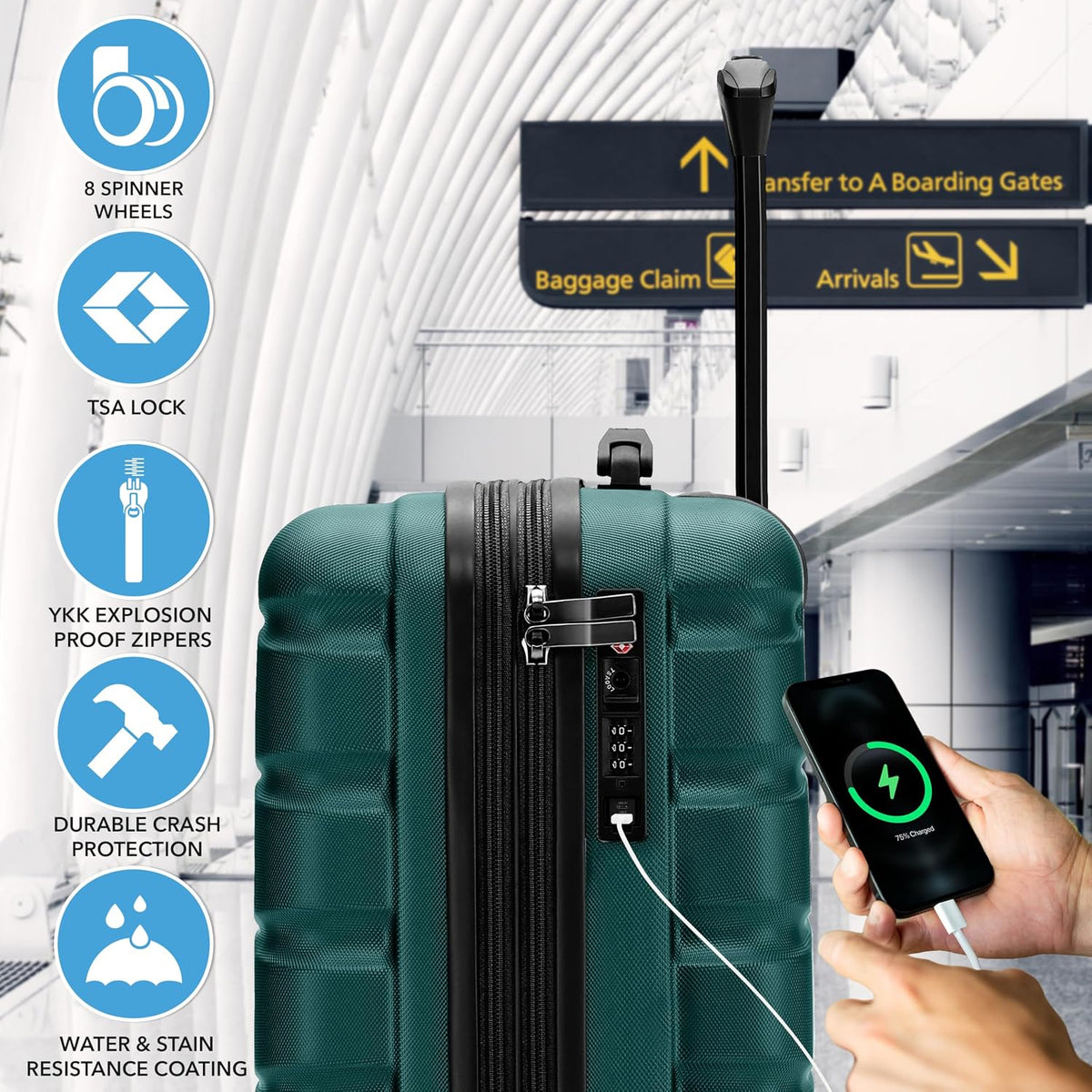 Carry On Suitcase 18x14x8" Hardside Built In TSA Lock & USB Port Lightweight Luggage Silent Double Spinner Wheels Maximum Underseat Carry-On Bag For American & United Approved Airlines