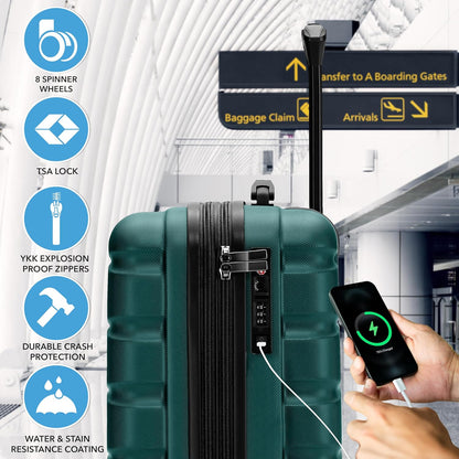 Carry On Suitcase 18x14x8" Hardside Built In TSA Lock & USB Port Lightweight Luggage Silent Double Spinner Wheels Maximum Underseat Carry-On Bag For American & United Approved Airlines