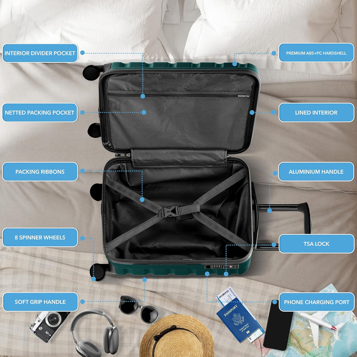 Carry On Suitcase 18x14x8" Hardside Built In TSA Lock & USB Port Lightweight Luggage Silent Double Spinner Wheels Maximum Underseat Carry-On Bag For American & United Approved Airlines