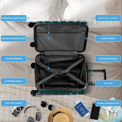 Carry On Suitcase 18x14x8" Hardside Built In TSA Lock & USB Port Lightweight Luggage Silent Double Spinner Wheels Maximum Underseat Carry-On Bag For American & United Approved Airlines
