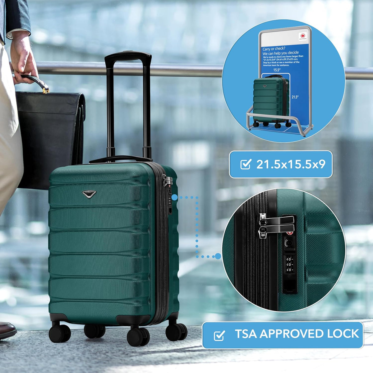 Carry On Suitcase 18x14x8" Hardside Built In TSA Lock & USB Port Lightweight Luggage Silent Double Spinner Wheels Maximum Underseat Carry-On Bag For American & United Approved Airlines