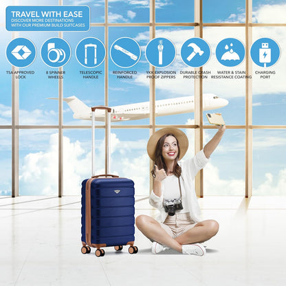 Carry On Suitcase 18x14x8" Hardside Built In TSA Lock & USB Port Lightweight Luggage Silent Double Spinner Wheels Maximum Underseat Carry-On Bag For American & United Approved Airlines