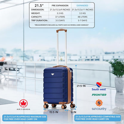 Carry On Suitcase 18x14x8" Hardside Built In TSA Lock & USB Port Lightweight Luggage Silent Double Spinner Wheels Maximum Underseat Carry-On Bag For American & United Approved Airlines