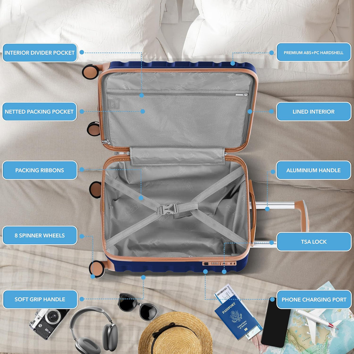 Carry On Suitcase 18x14x8" Hardside Built In TSA Lock & USB Port Lightweight Luggage Silent Double Spinner Wheels Maximum Underseat Carry-On Bag For American & United Approved Airlines