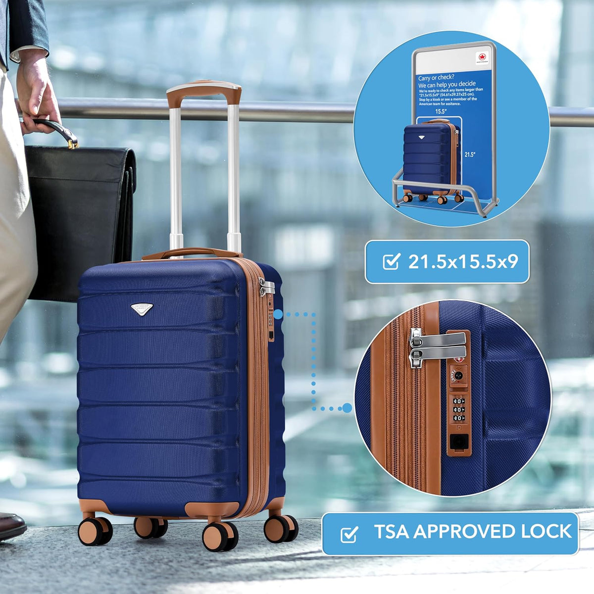 Carry On Suitcase 18x14x8" Hardside Built In TSA Lock & USB Port Lightweight Luggage Silent Double Spinner Wheels Maximum Underseat Carry-On Bag For American & United Approved Airlines