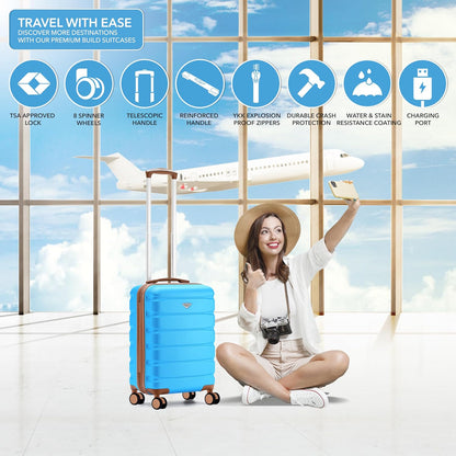Carry On Suitcase 18x14x8" Hardside Built In TSA Lock & USB Port Lightweight Luggage Silent Double Spinner Wheels Maximum Underseat Carry-On Bag For American & United Approved Airlines