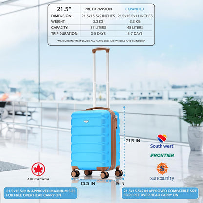 Carry On Suitcase 18x14x8" Hardside Built In TSA Lock & USB Port Lightweight Luggage Silent Double Spinner Wheels Maximum Underseat Carry-On Bag For American & United Approved Airlines