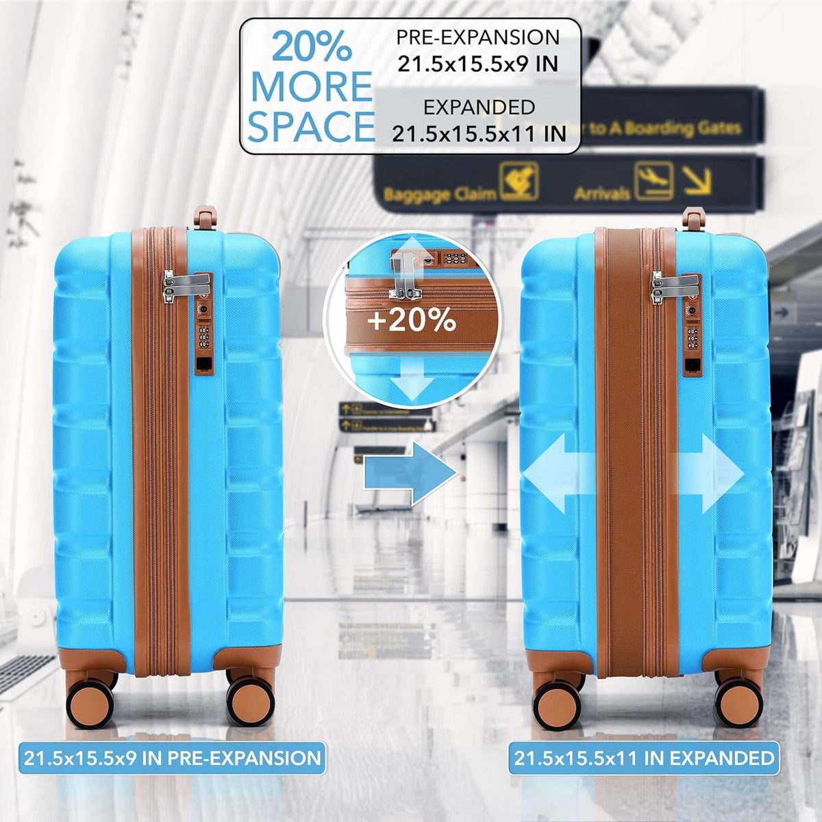 Carry On Suitcase 18x14x8" Hardside Built In TSA Lock & USB Port Lightweight Luggage Silent Double Spinner Wheels Maximum Underseat Carry-On Bag For American & United Approved Airlines
