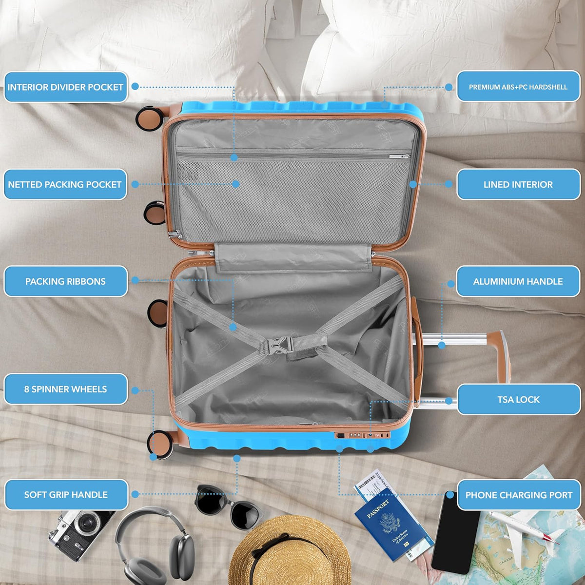 Carry On Suitcase 18x14x8" Hardside Built In TSA Lock & USB Port Lightweight Luggage Silent Double Spinner Wheels Maximum Underseat Carry-On Bag For American & United Approved Airlines