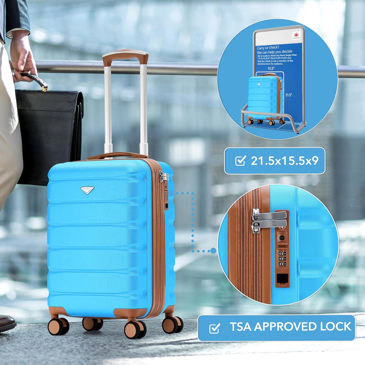 Carry On Suitcase 18x14x8" Hardside Built In TSA Lock & USB Port Lightweight Luggage Silent Double Spinner Wheels Maximum Underseat Carry-On Bag For American & United Approved Airlines