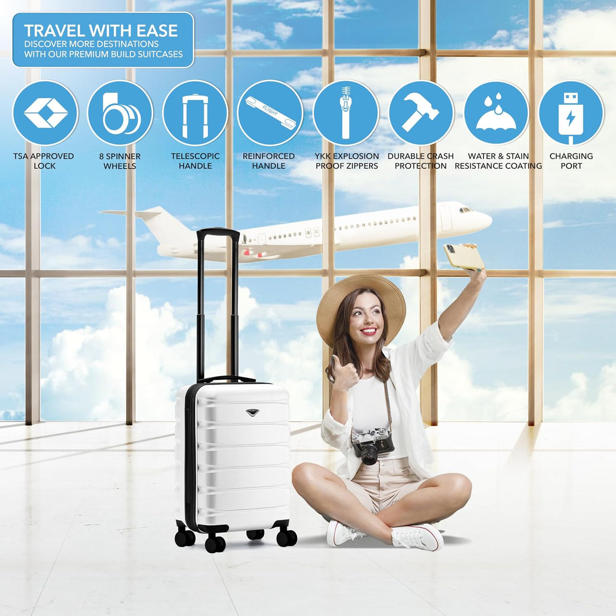 Carry On Suitcase 18x14x8" Hardside Built In TSA Lock & USB Port Lightweight Luggage Silent Double Spinner Wheels Maximum Underseat Carry-On Bag For American & United Approved Airlines