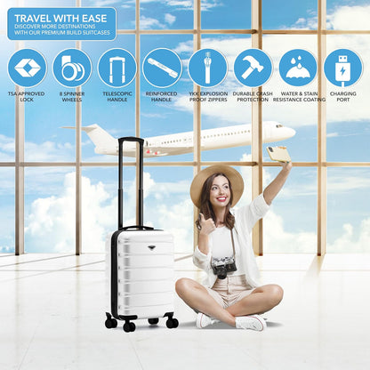 Carry On Suitcase 18x14x8" Hardside Built In TSA Lock & USB Port Lightweight Luggage Silent Double Spinner Wheels Maximum Underseat Carry-On Bag For American & United Approved Airlines