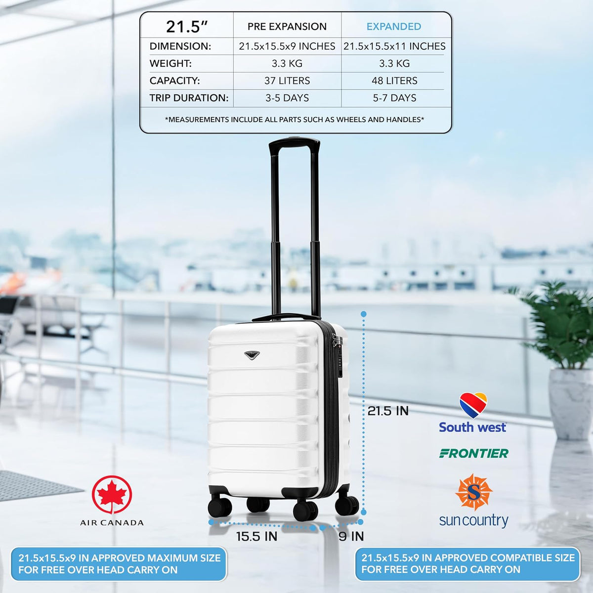 Carry On Suitcase 18x14x8" Hardside Built In TSA Lock & USB Port Lightweight Luggage Silent Double Spinner Wheels Maximum Underseat Carry-On Bag For American & United Approved Airlines