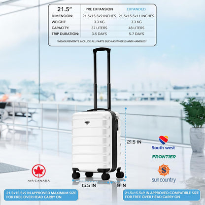 Carry On Suitcase 18x14x8" Hardside Built In TSA Lock & USB Port Lightweight Luggage Silent Double Spinner Wheels Maximum Underseat Carry-On Bag For American & United Approved Airlines