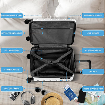 Carry On Suitcase 18x14x8" Hardside Built In TSA Lock & USB Port Lightweight Luggage Silent Double Spinner Wheels Maximum Underseat Carry-On Bag For American & United Approved Airlines