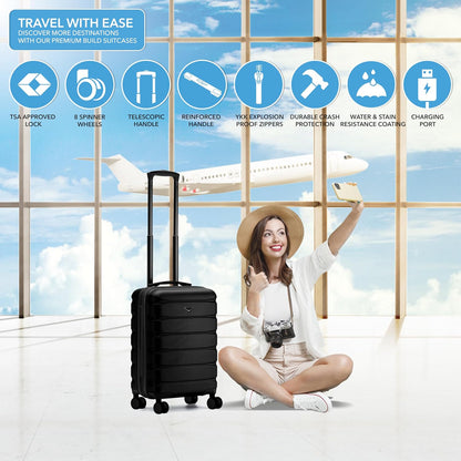 Carry On Suitcase 18x14x8" Hardside Built In TSA Lock & USB Port Lightweight Luggage Silent Double Spinner Wheels Maximum Underseat Carry-On Bag For American & United Approved Airlines