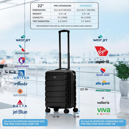 Carry On Suitcase 18x14x8" Hardside Built In TSA Lock & USB Port Lightweight Luggage Silent Double Spinner Wheels Maximum Underseat Carry-On Bag For American & United Approved Airlines