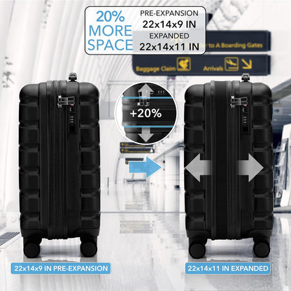 Carry On Suitcase 18x14x8" Hardside Built In TSA Lock & USB Port Lightweight Luggage Silent Double Spinner Wheels Maximum Underseat Carry-On Bag For American & United Approved Airlines