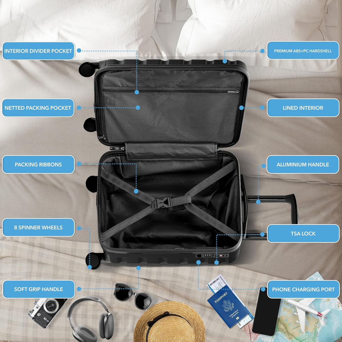 Carry On Suitcase 18x14x8" Hardside Built In TSA Lock & USB Port Lightweight Luggage Silent Double Spinner Wheels Maximum Underseat Carry-On Bag For American & United Approved Airlines