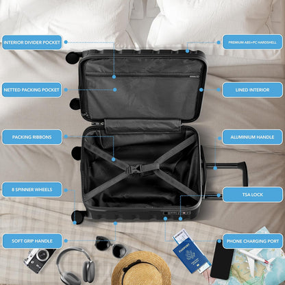 Carry On Suitcase 18x14x8" Hardside Built In TSA Lock & USB Port Lightweight Luggage Silent Double Spinner Wheels Maximum Underseat Carry-On Bag For American & United Approved Airlines