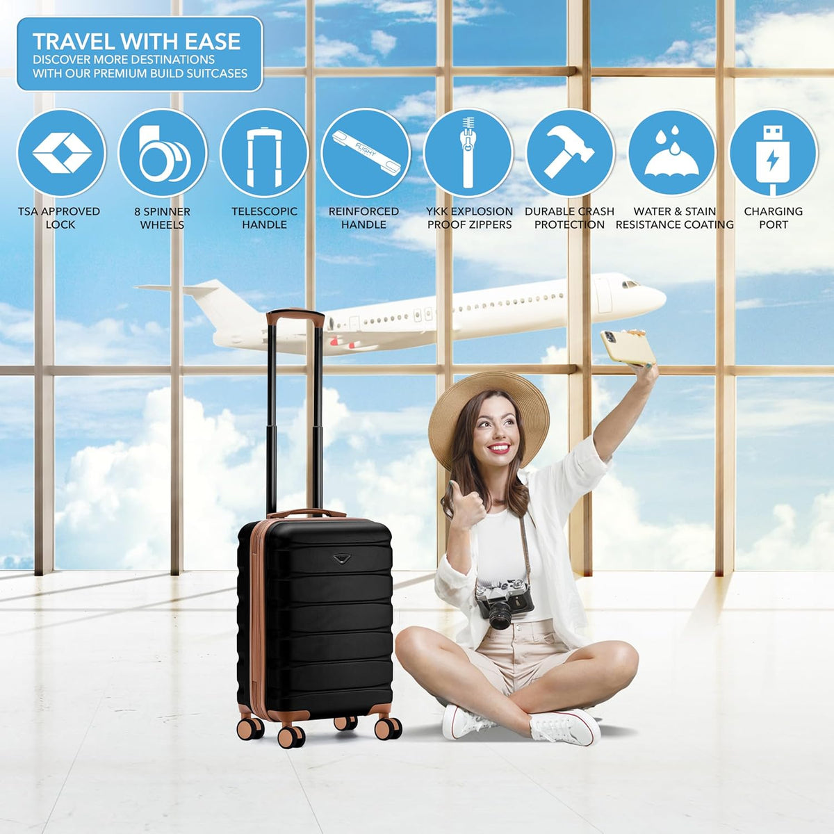 Carry On Suitcase 18x14x8" Hardside Built In TSA Lock & USB Port Lightweight Luggage Silent Double Spinner Wheels Maximum Underseat Carry-On Bag For American & United Approved Airlines