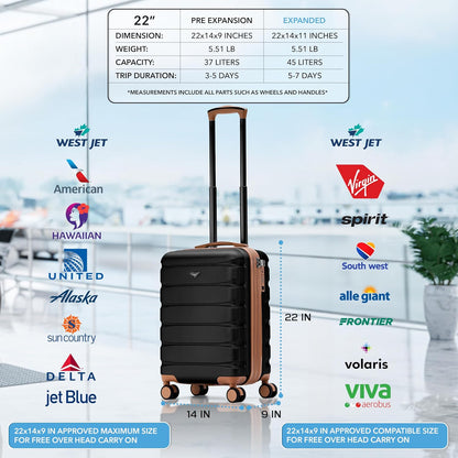 Carry On Suitcase 18x14x8" Hardside Built In TSA Lock & USB Port Lightweight Luggage Silent Double Spinner Wheels Maximum Underseat Carry-On Bag For American & United Approved Airlines