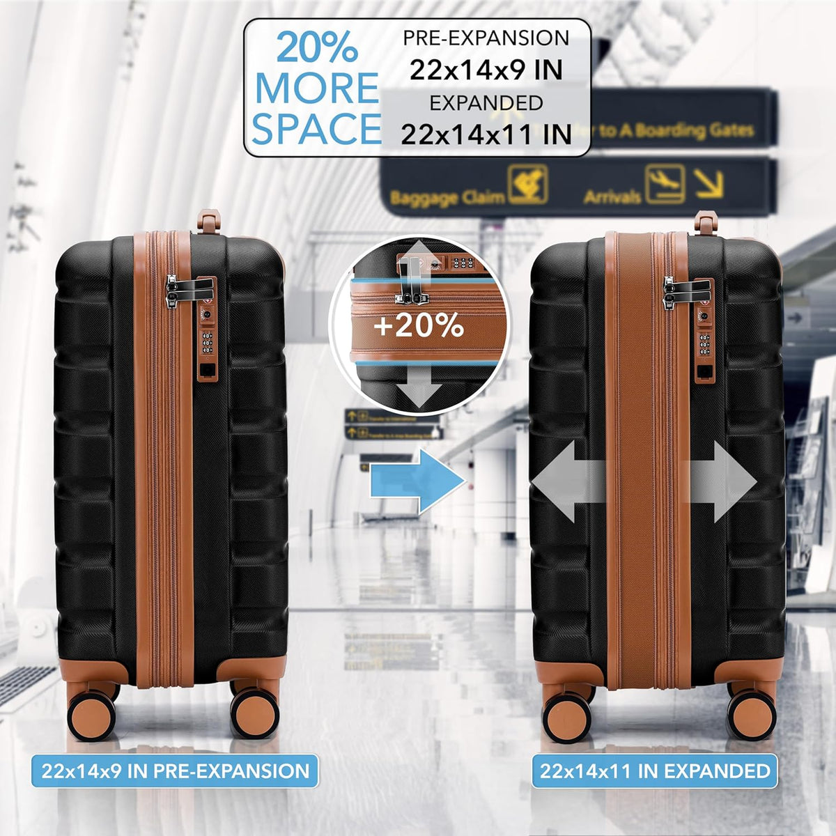 Carry On Suitcase 18x14x8" Hardside Built In TSA Lock & USB Port Lightweight Luggage Silent Double Spinner Wheels Maximum Underseat Carry-On Bag For American & United Approved Airlines