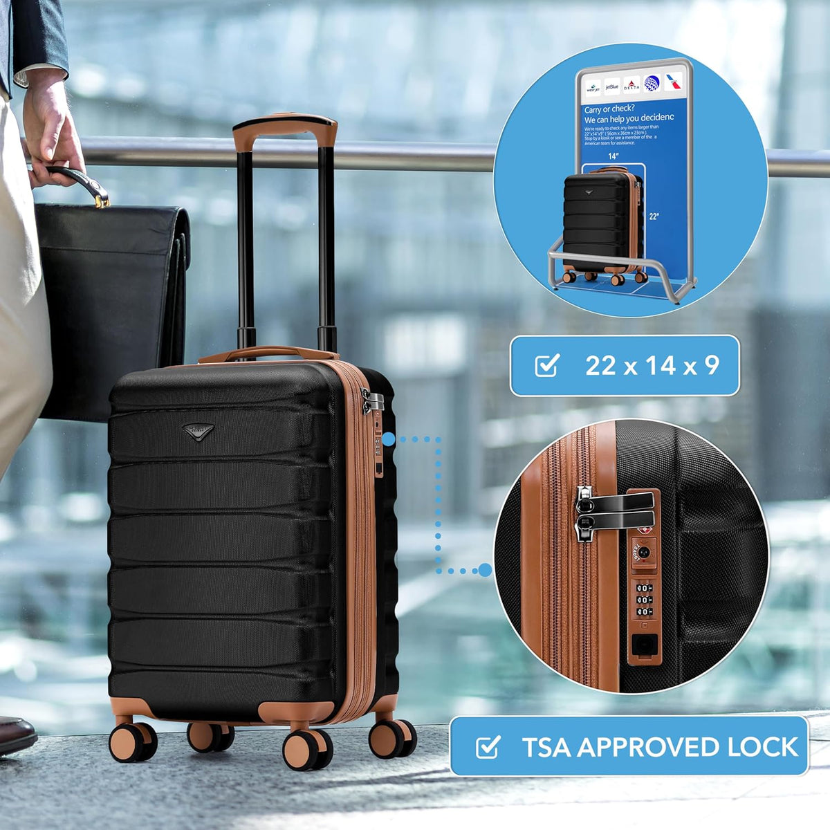 Carry On Suitcase 18x14x8" Hardside Built In TSA Lock & USB Port Lightweight Luggage Silent Double Spinner Wheels Maximum Underseat Carry-On Bag For American & United Approved Airlines