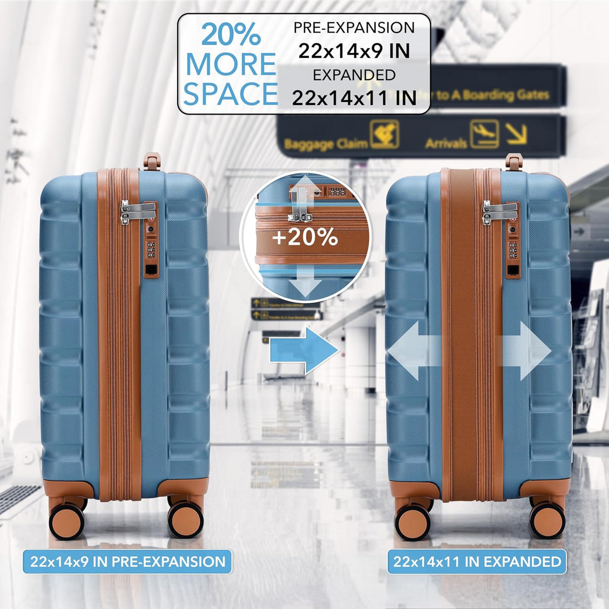 Carry On Suitcase 18x14x8" Hardside Built In TSA Lock & USB Port Lightweight Luggage Silent Double Spinner Wheels Maximum Underseat Carry-On Bag For American & United Approved Airlines