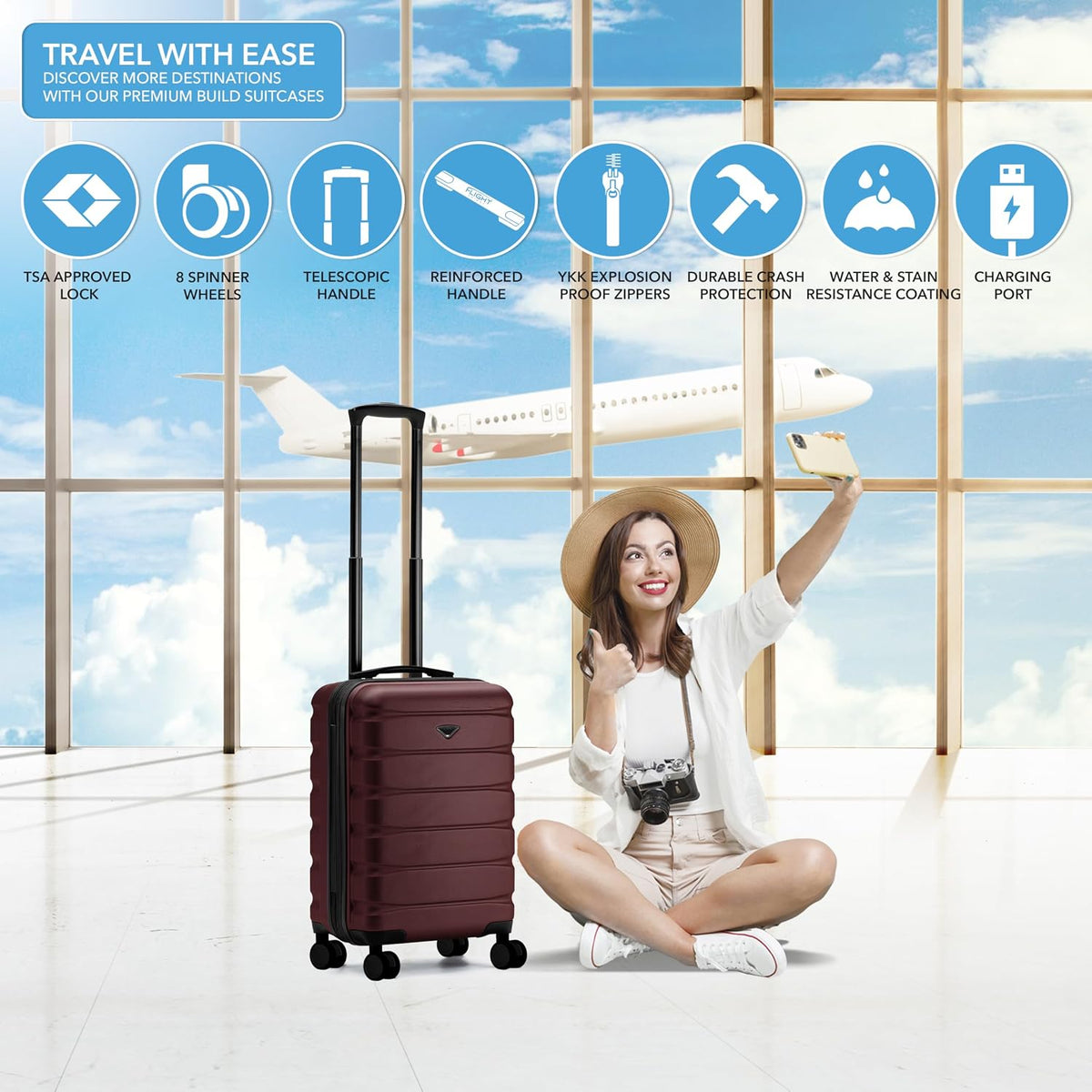 Carry On Suitcase 18x14x8" Hardside Built In TSA Lock & USB Port Lightweight Luggage Silent Double Spinner Wheels Maximum Underseat Carry-On Bag For American & United Approved Airlines