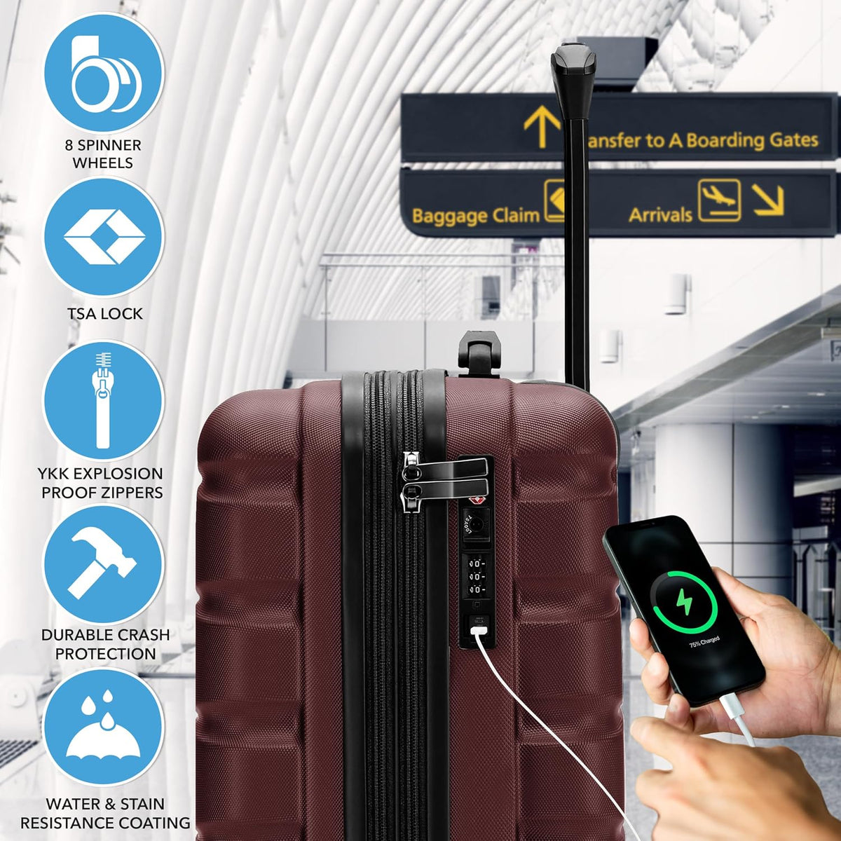 Carry On Suitcase 18x14x8" Hardside Built In TSA Lock & USB Port Lightweight Luggage Silent Double Spinner Wheels Maximum Underseat Carry-On Bag For American & United Approved Airlines