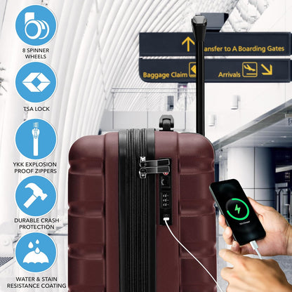 Carry On Suitcase 18x14x8" Hardside Built In TSA Lock & USB Port Lightweight Luggage Silent Double Spinner Wheels Maximum Underseat Carry-On Bag For American & United Approved Airlines