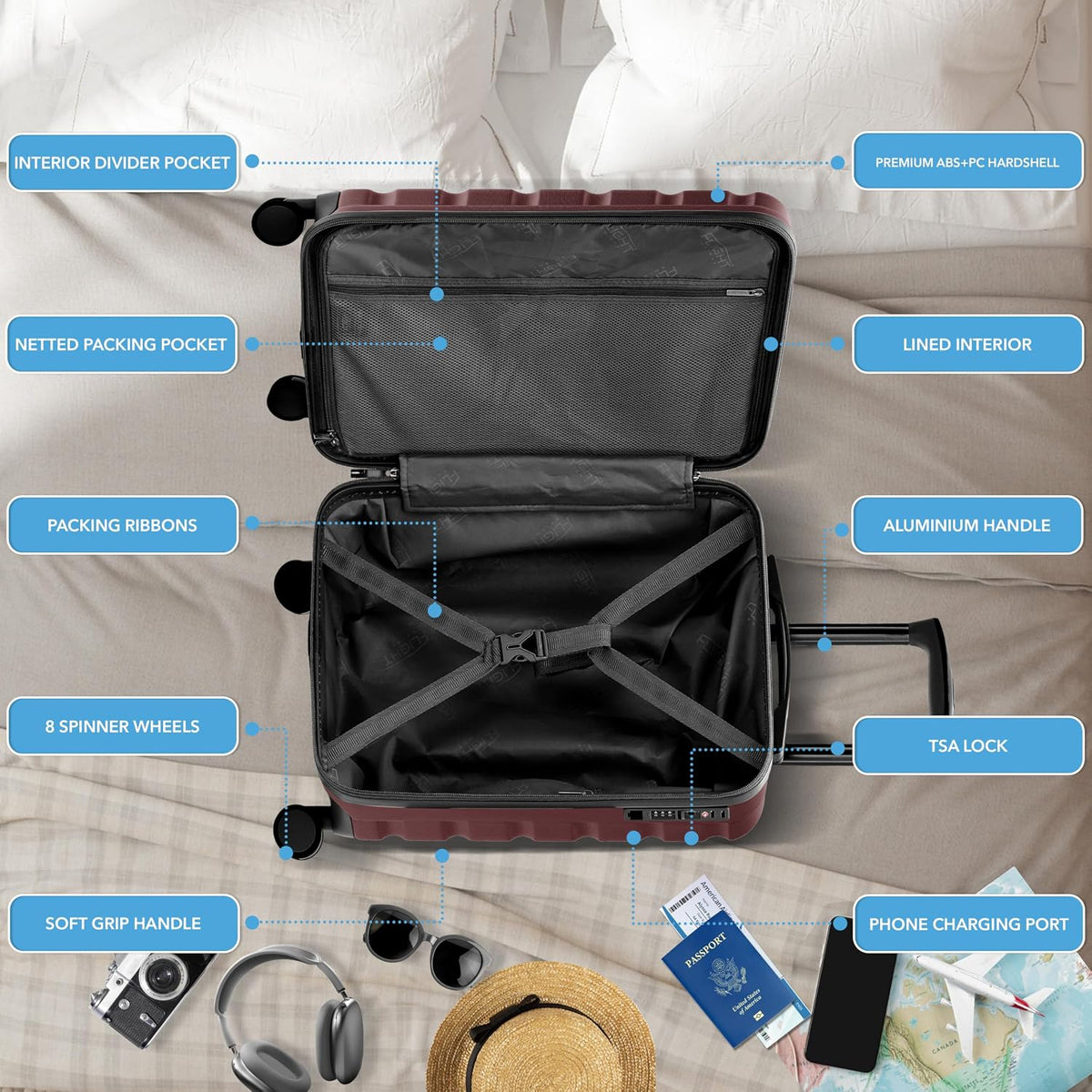 Carry On Suitcase 18x14x8" Hardside Built In TSA Lock & USB Port Lightweight Luggage Silent Double Spinner Wheels Maximum Underseat Carry-On Bag For American & United Approved Airlines