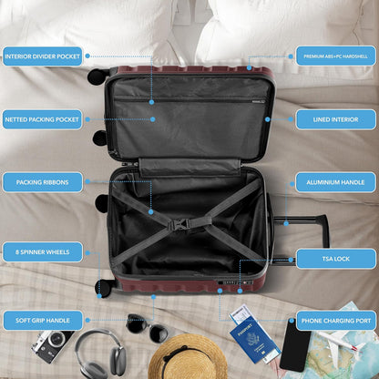 Carry On Suitcase 18x14x8" Hardside Built In TSA Lock & USB Port Lightweight Luggage Silent Double Spinner Wheels Maximum Underseat Carry-On Bag For American & United Approved Airlines