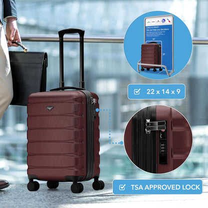 Carry On Suitcase 18x14x8" Hardside Built In TSA Lock & USB Port Lightweight Luggage Silent Double Spinner Wheels Maximum Underseat Carry-On Bag For American & United Approved Airlines