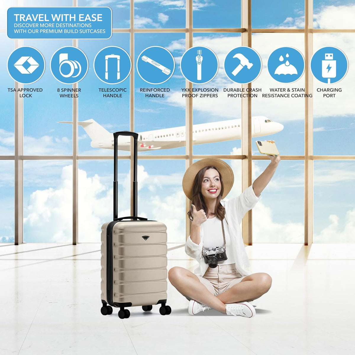 Carry On Suitcase 18x14x8" Hardside Built In TSA Lock & USB Port Lightweight Luggage Silent Double Spinner Wheels Maximum Underseat Carry-On Bag For American & United Approved Airlines