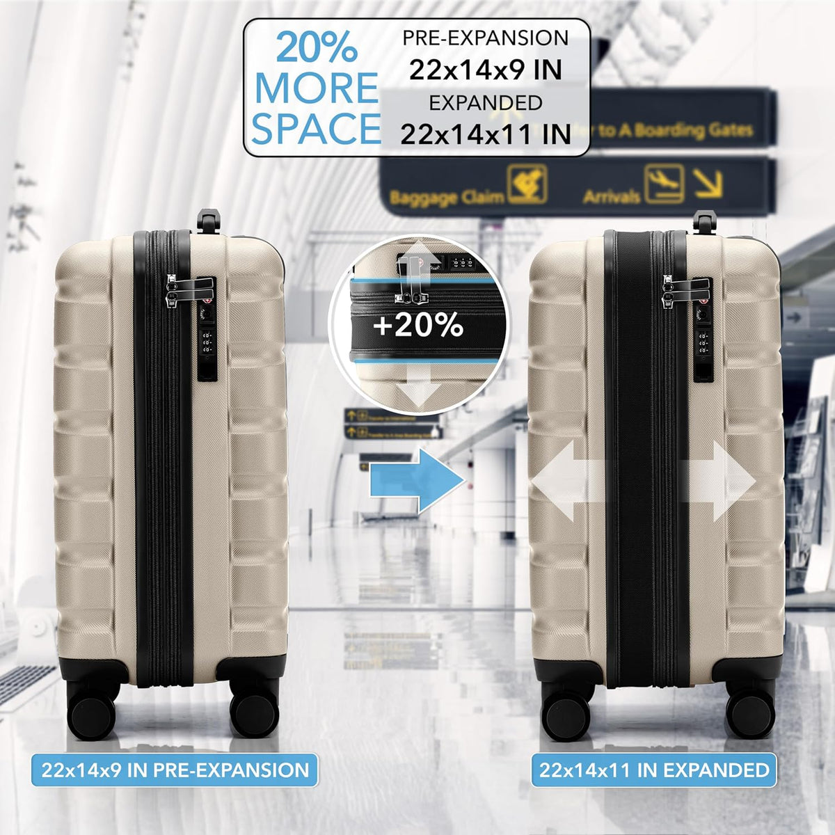 Carry On Suitcase 18x14x8" Hardside Built In TSA Lock & USB Port Lightweight Luggage Silent Double Spinner Wheels Maximum Underseat Carry-On Bag For American & United Approved Airlines