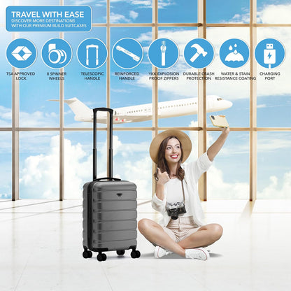 Carry On Suitcase 18x14x8" Hardside Built In TSA Lock & USB Port Lightweight Luggage Silent Double Spinner Wheels Maximum Underseat Carry-On Bag For American & United Approved Airlines