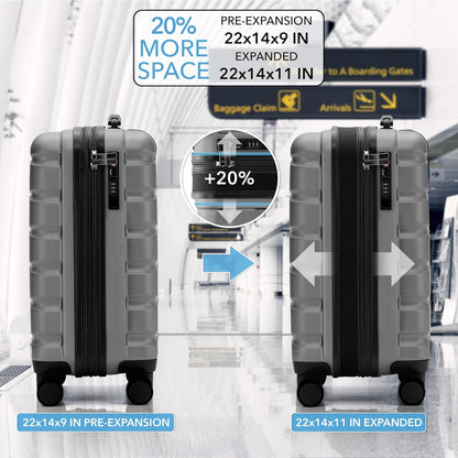 Carry On Suitcase 18x14x8" Hardside Built In TSA Lock & USB Port Lightweight Luggage Silent Double Spinner Wheels Maximum Underseat Carry-On Bag For American & United Approved Airlines