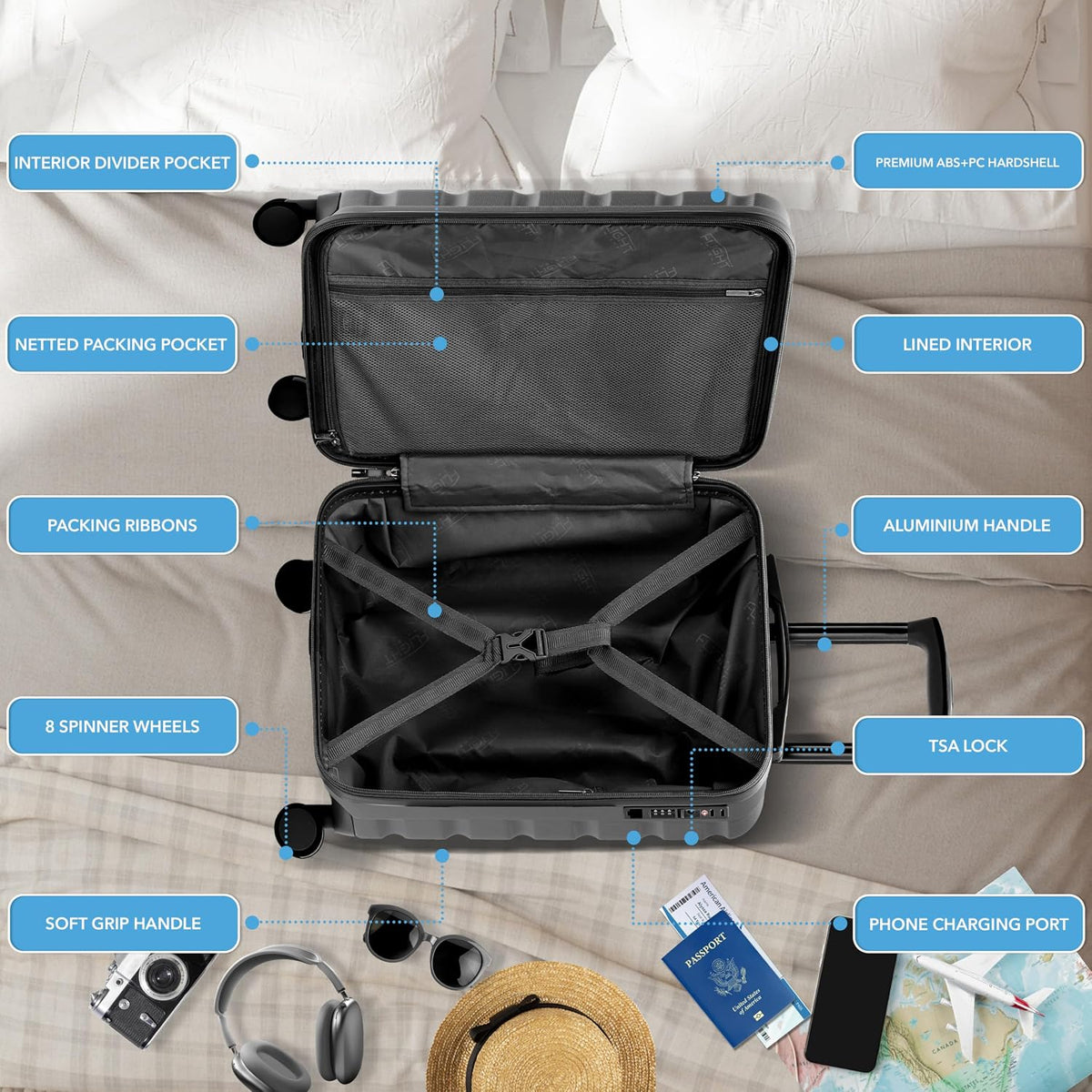 Carry On Suitcase 18x14x8" Hardside Built In TSA Lock & USB Port Lightweight Luggage Silent Double Spinner Wheels Maximum Underseat Carry-On Bag For American & United Approved Airlines