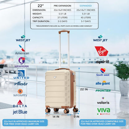 Carry On Suitcase 18x14x8" Hardside Built In TSA Lock & USB Port Lightweight Luggage Silent Double Spinner Wheels Maximum Underseat Carry-On Bag For American & United Approved Airlines