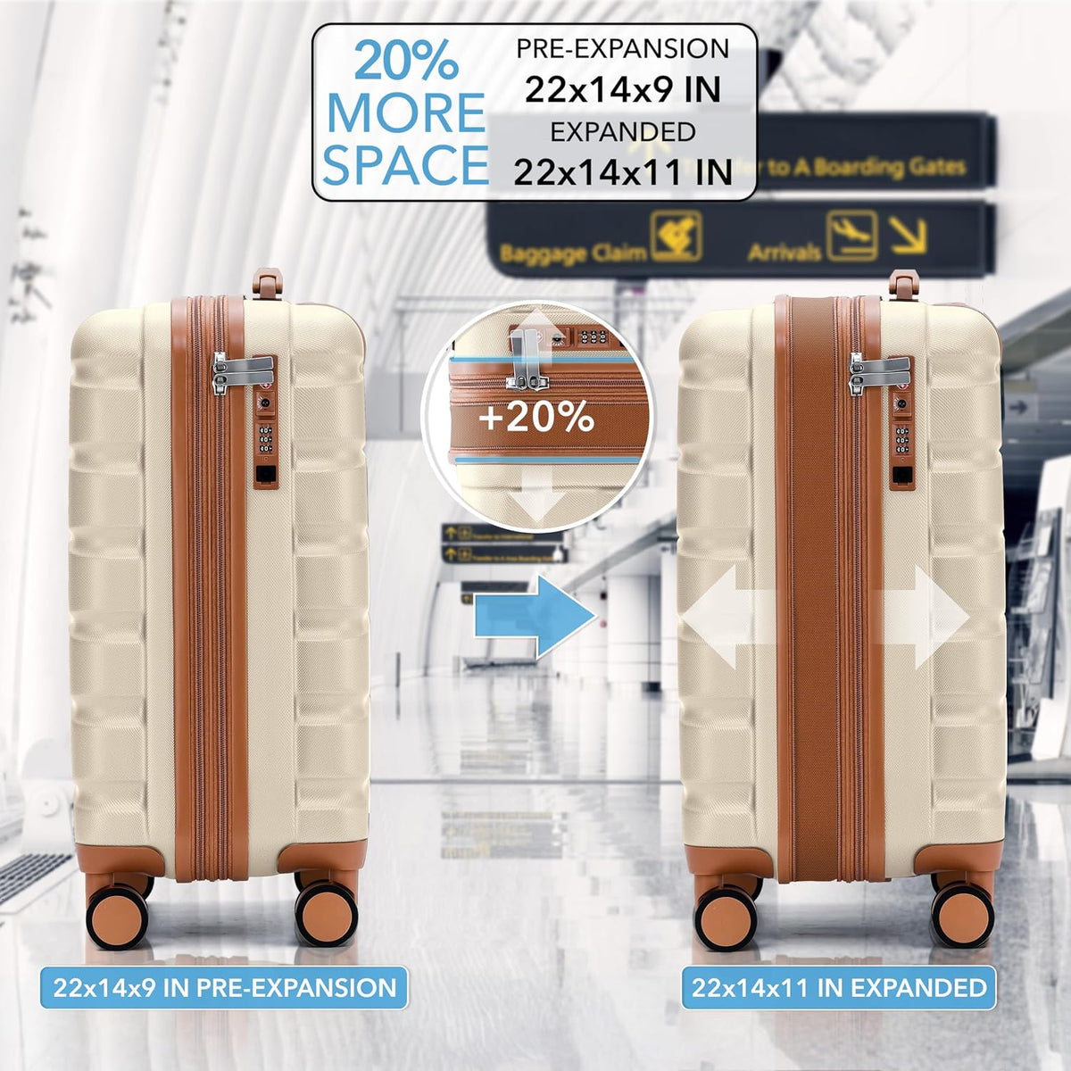 Carry On Suitcase 18x14x8" Hardside Built In TSA Lock & USB Port Lightweight Luggage Silent Double Spinner Wheels Maximum Underseat Carry-On Bag For American & United Approved Airlines