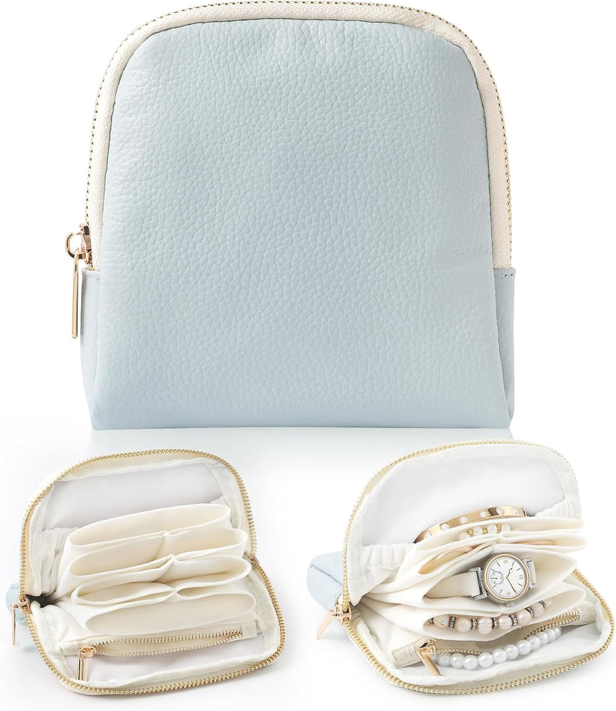 Genuine Leather Travel Jewelry Organizer Case Pouch Bags with Zipper, Small Mini Portable Jewelry Storage Bag for Ring Earrings Necklace Bracelet Travel Essentials Gift for Women（Cyan）