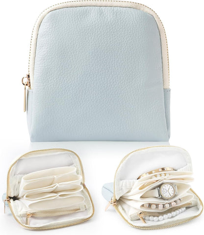 Genuine Leather Travel Jewelry Organizer Case Pouch Bags with Zipper, Small Mini Portable Jewelry Storage Bag for Ring Earrings Necklace Bracelet Travel Essentials Gift for Women（Cyan）