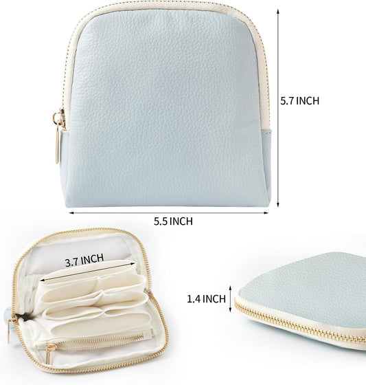 Genuine Leather Travel Jewelry Organizer Case Pouch Bags with Zipper, Small Mini Portable Jewelry Storage Bag for Ring Earrings Necklace Bracelet Travel Essentials Gift for Women（Cyan）