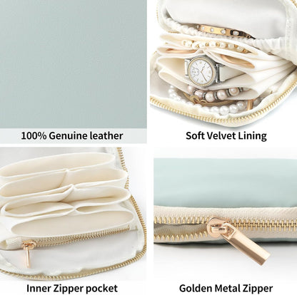 Genuine Leather Travel Jewelry Organizer Case Pouch Bags with Zipper, Small Mini Portable Jewelry Storage Bag for Ring Earrings Necklace Bracelet Travel Essentials Gift for Women（Cyan）