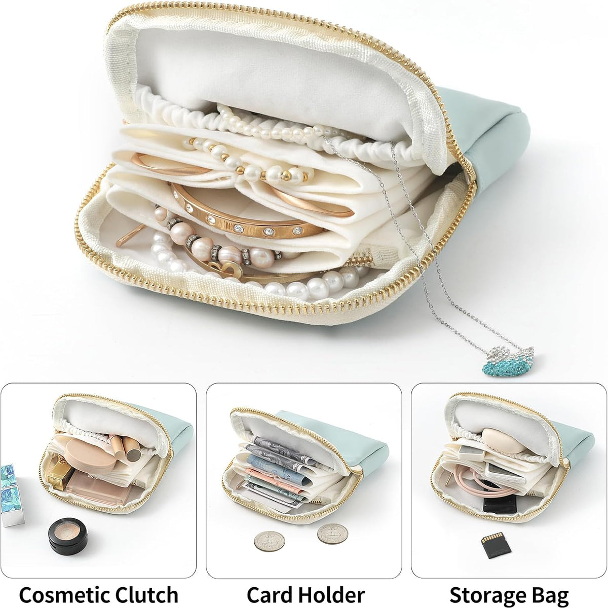 Genuine Leather Travel Jewelry Organizer Case Pouch Bags with Zipper, Small Mini Portable Jewelry Storage Bag for Ring Earrings Necklace Bracelet Travel Essentials Gift for Women（Cyan）