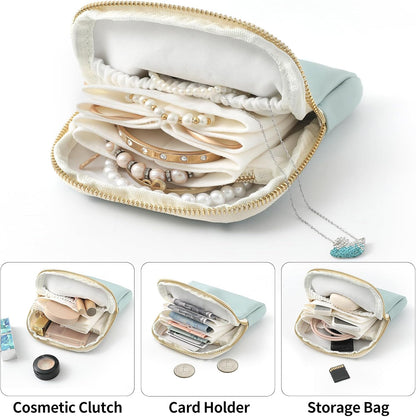 Genuine Leather Travel Jewelry Organizer Case Pouch Bags with Zipper, Small Mini Portable Jewelry Storage Bag for Ring Earrings Necklace Bracelet Travel Essentials Gift for Women（Cyan）